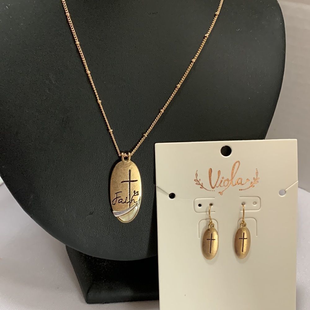 Viola Goldtone faith with crosses earrings and necklace.  NWT
